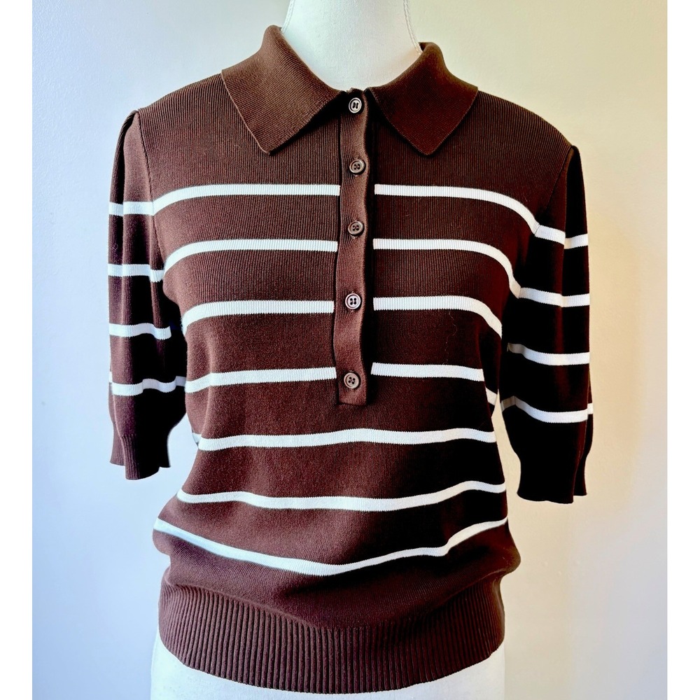 Free Assembly Button Gathered Shoulder Polo Small Brown Striped Preppy